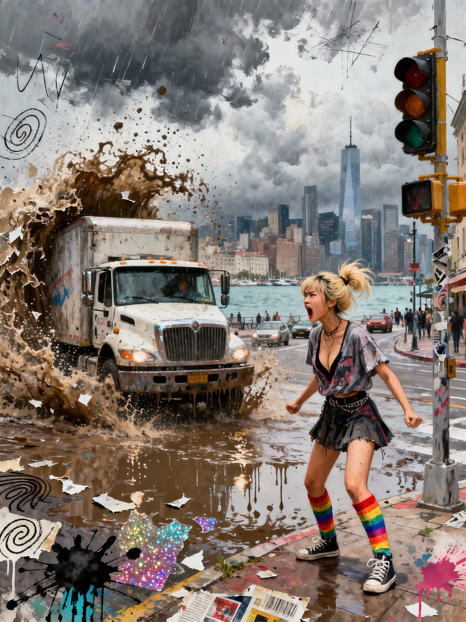 Punk Collage Truck Splashes Woman at Traffic Light