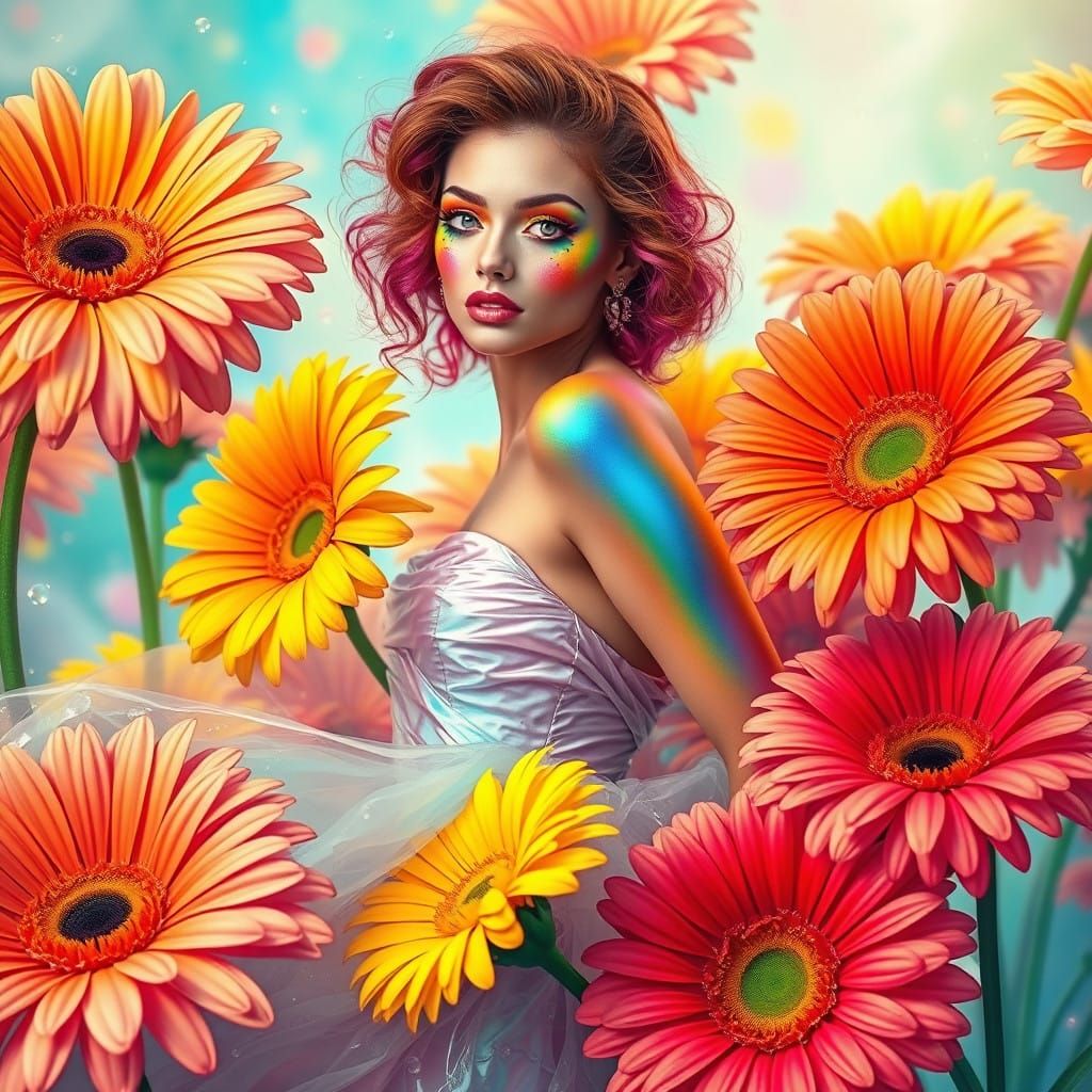 Vibrant Woman Amidst Kaleidoscopic Gerbera Daisies in Dreamy...