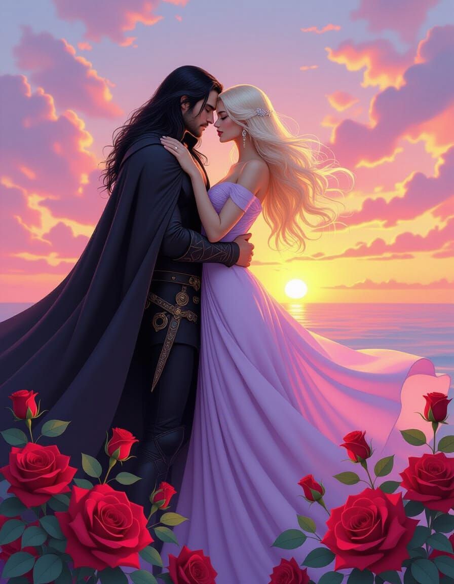 Dark Assassin and Luminous Woman in Sunset Embrace