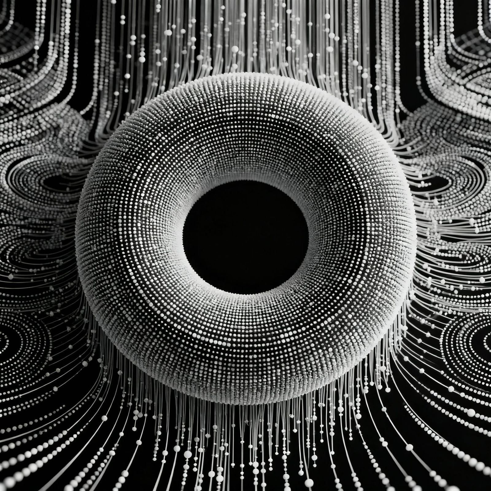 Black And White Torus Particle Cascade Pattern