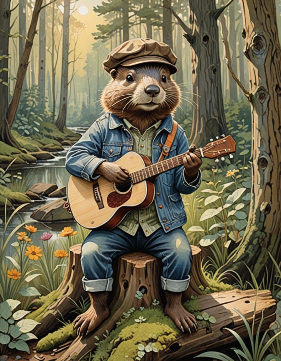 Rustic Beaver in Whimsical Forest Scene