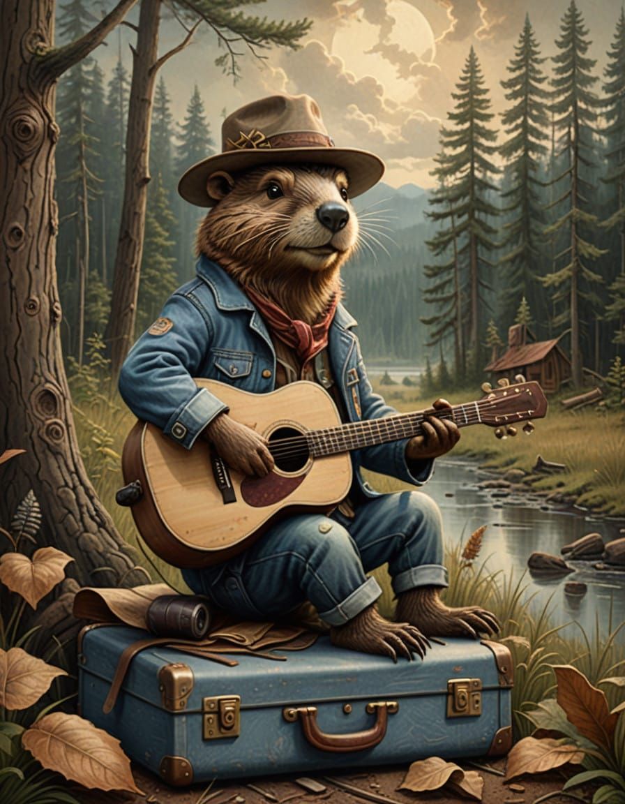 Rustic Forest Folk Scene with Singing Beaver