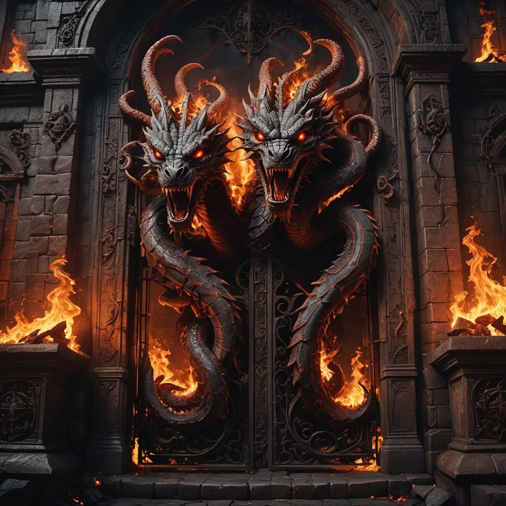 Hydra Emerges from Hell Gates in Gothic Flames