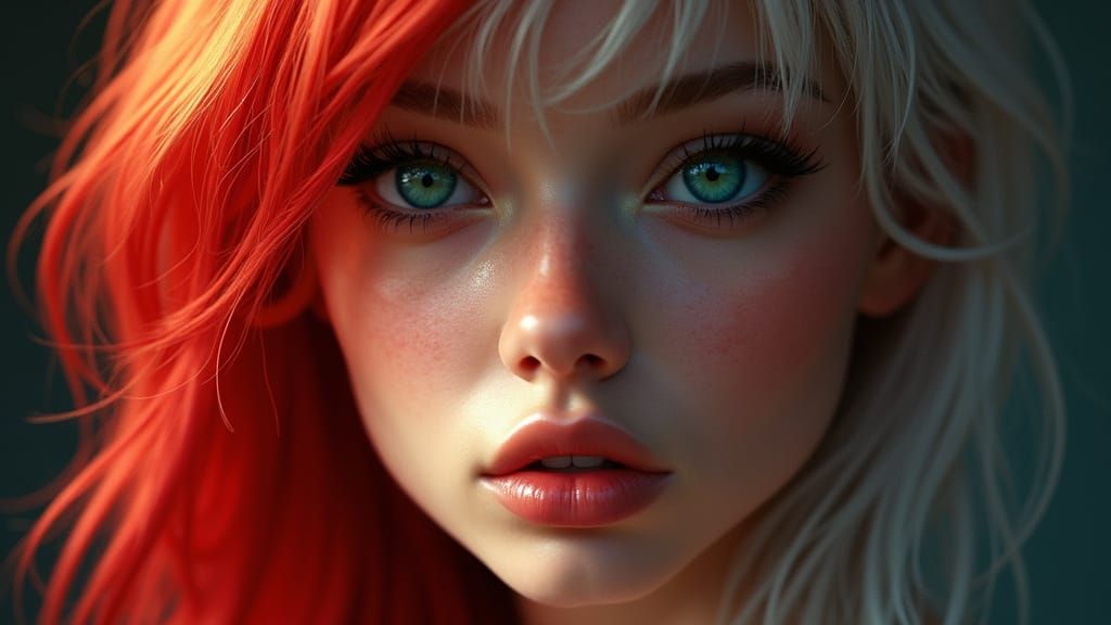 Woman With Split Blonde Red Hair and Heterochromatic Eyes