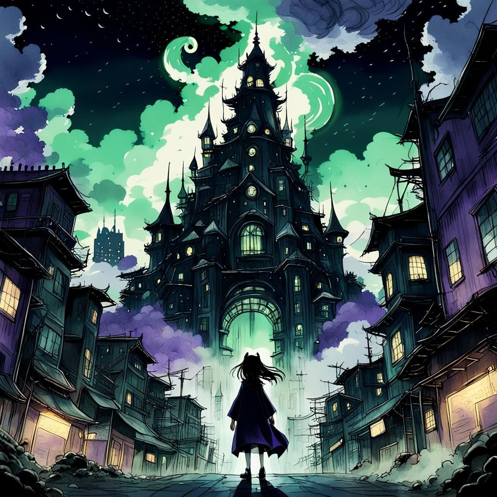 Studio Ghibli Anime Cityscape with Eldritch Creatures