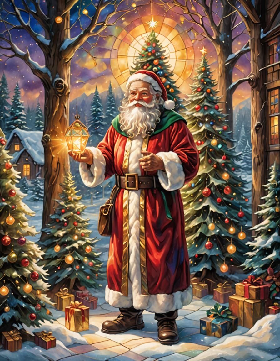 Santa Claus Stained Glass Art in Kinkade Style