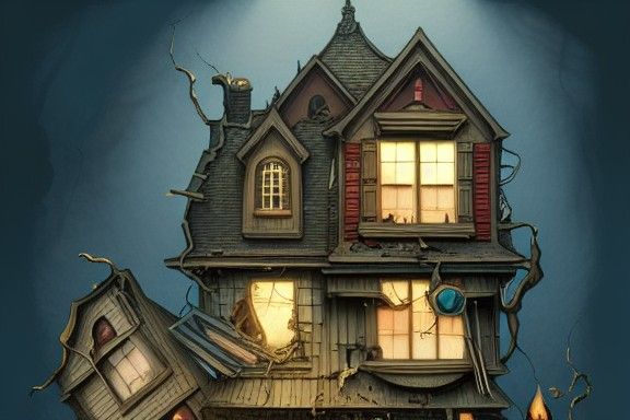 Earthquake Aftermath: Steampunk Broken House Illustration
