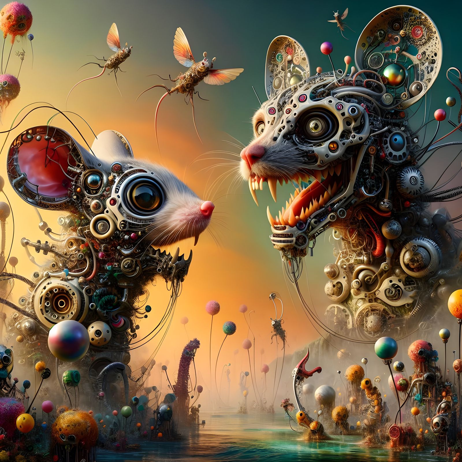 Biomechanical Mouse-Dog Hybrids in Dystopian Landscape