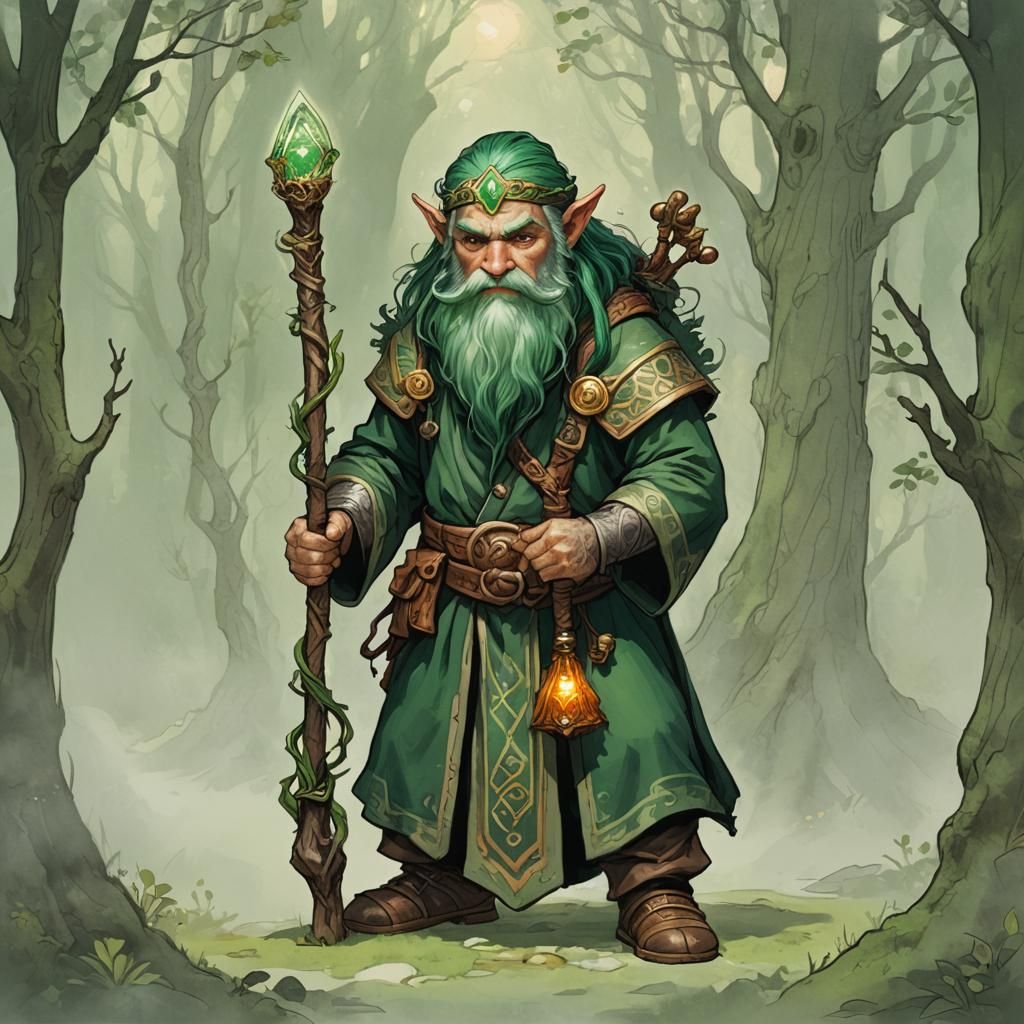 Green-Haired Dwarf Druid with Magic Staff