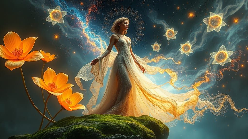 Celestial Transformation: Woman Evolving into Stardust