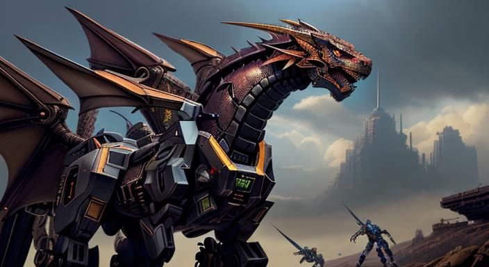 Mechanical Dragon with Metal Wings in Comic Book Art