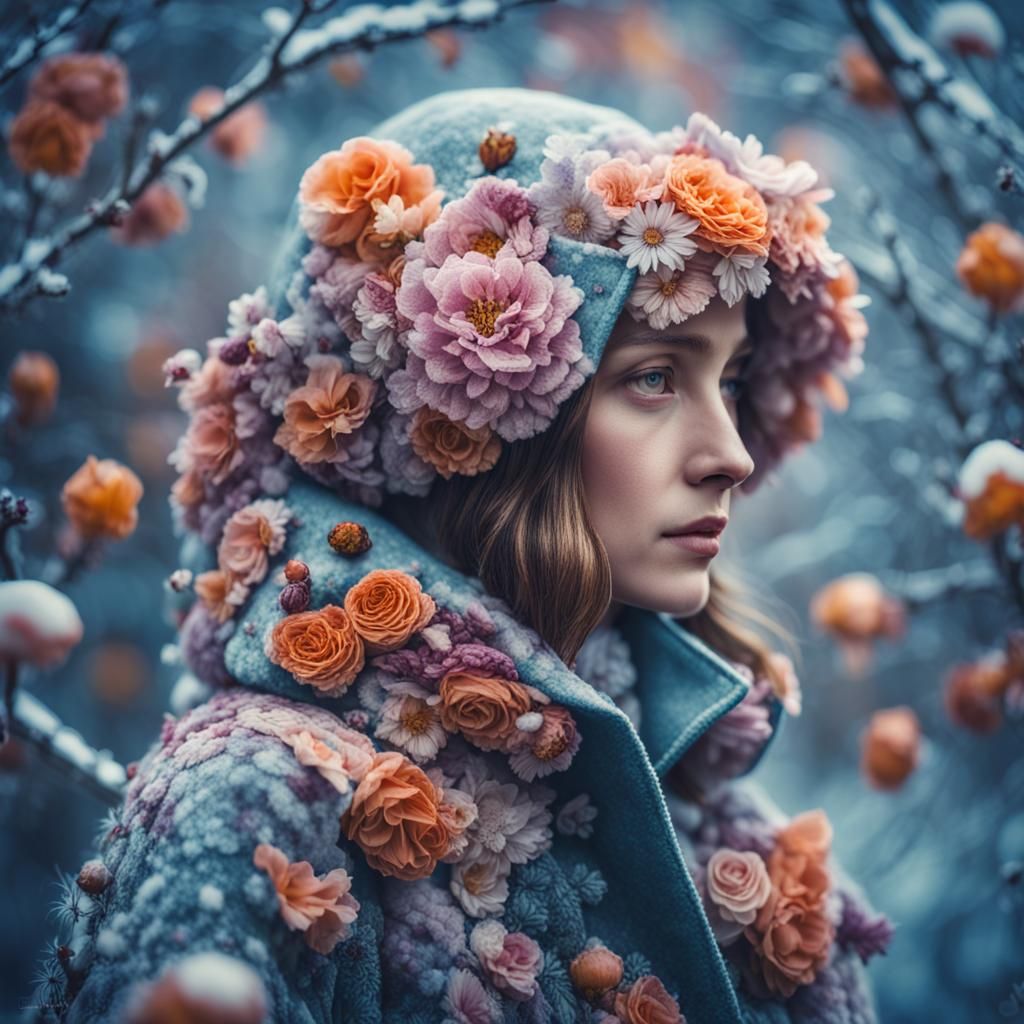 Woman's Floral Coat: Macro Photography in Winter