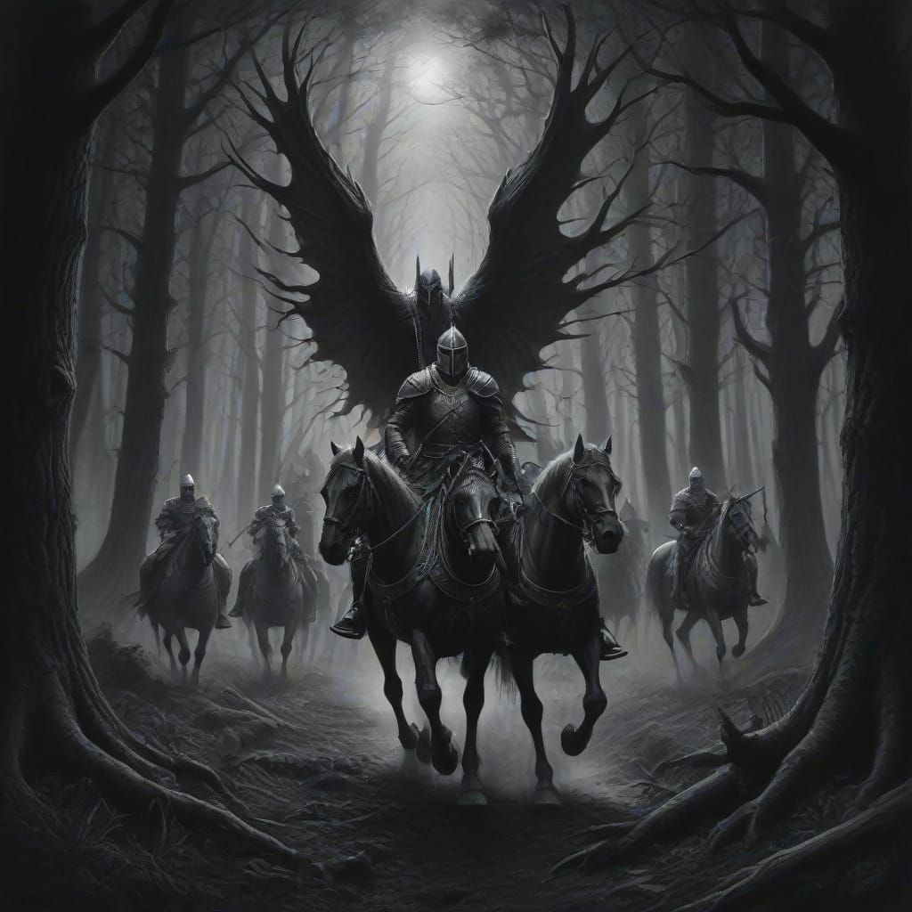 Dark Fantasy Knights Encountering Invisible Monsters in Mist...