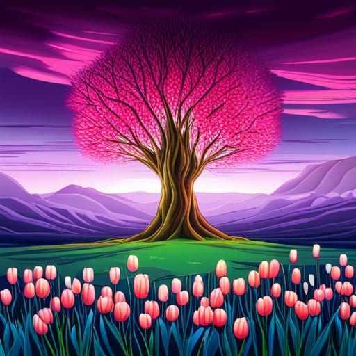 Giant Tree and Tulips: Anime Nightscape