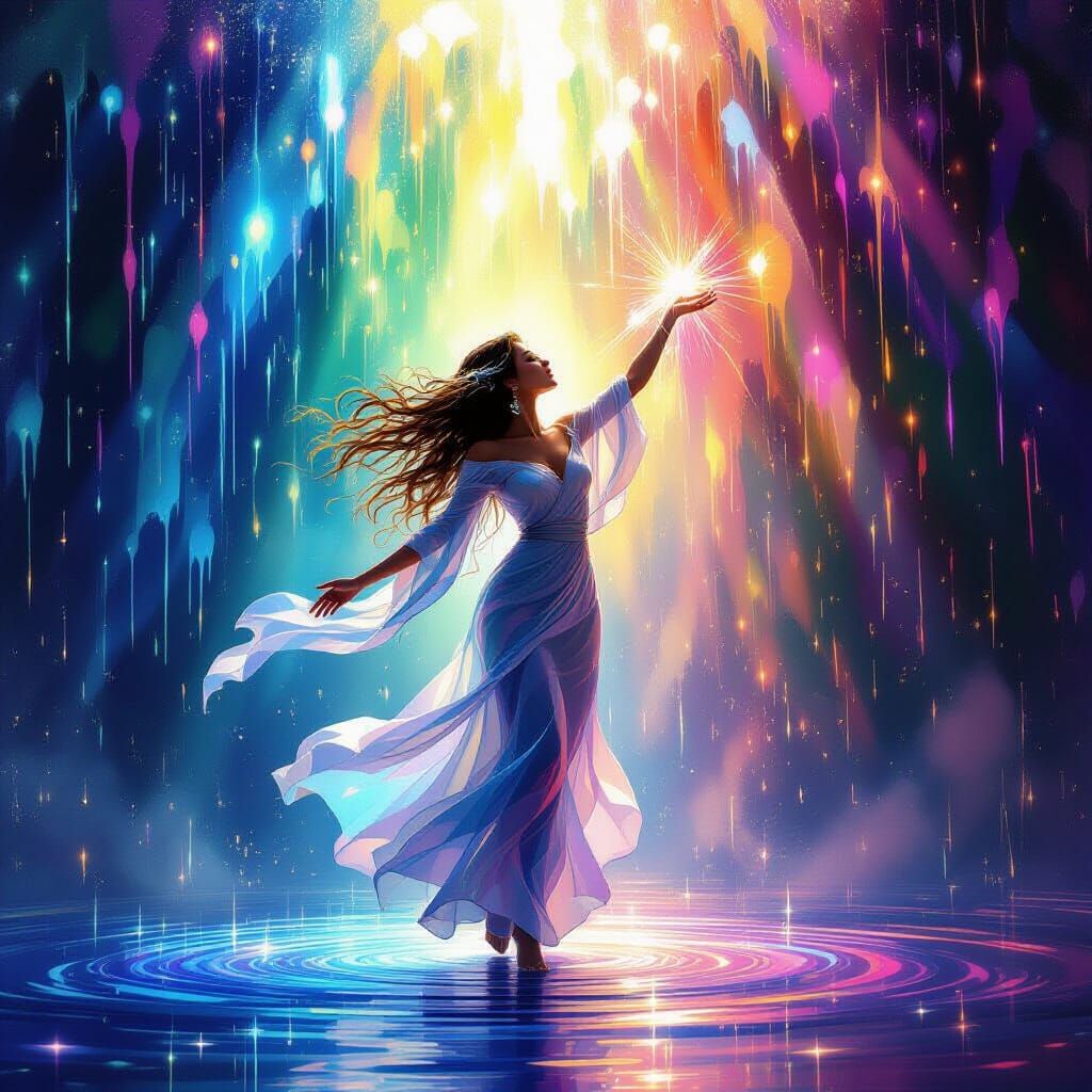 Divine Being Dancing in Luminous Rain