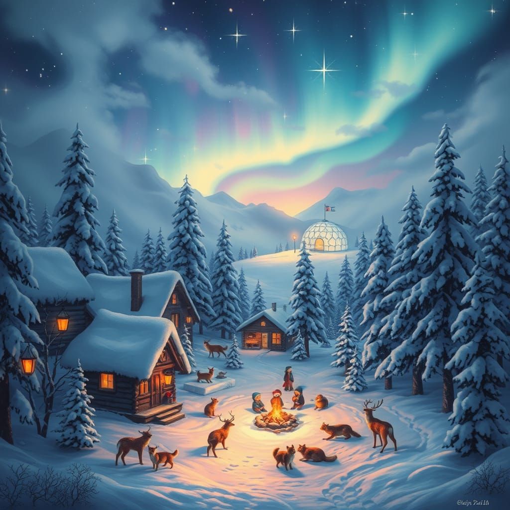 Whimsical Winter Wonderland Scene in Dreamy Pastel Hues