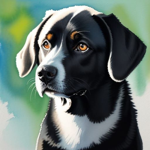 Watercolor Portrait of Black Lab in Hockney Style