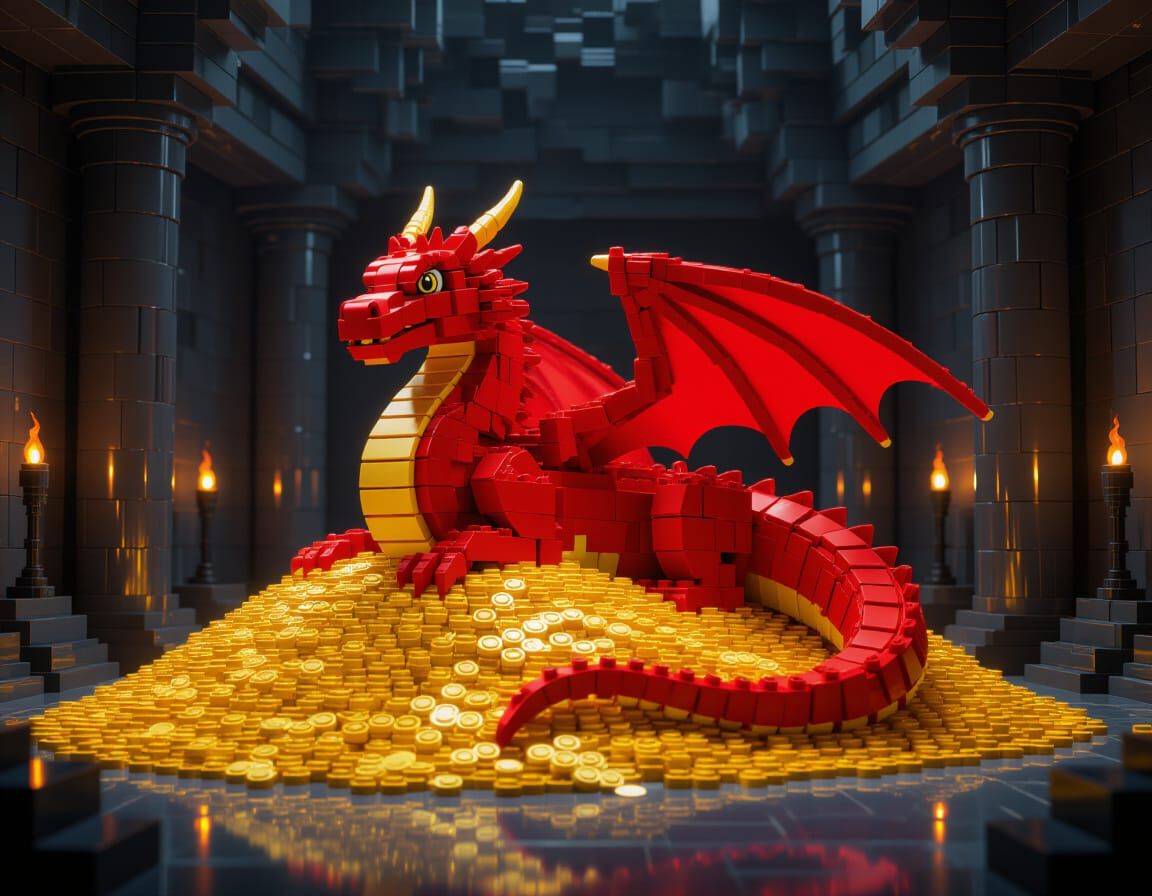 Fiery Lego Dragon Guarding Golden Hoard