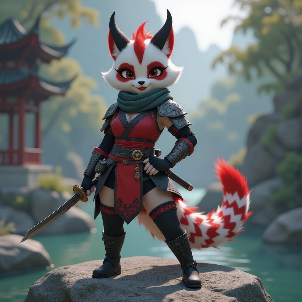 Dragon-Panda Furry Ninja in Fantasy Landscape