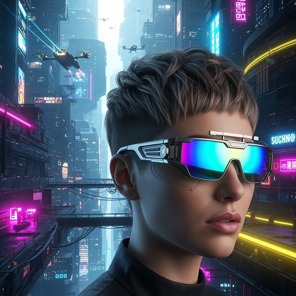 Woman with Cyberpunk Pixie Cut in Futuristic Cityscape