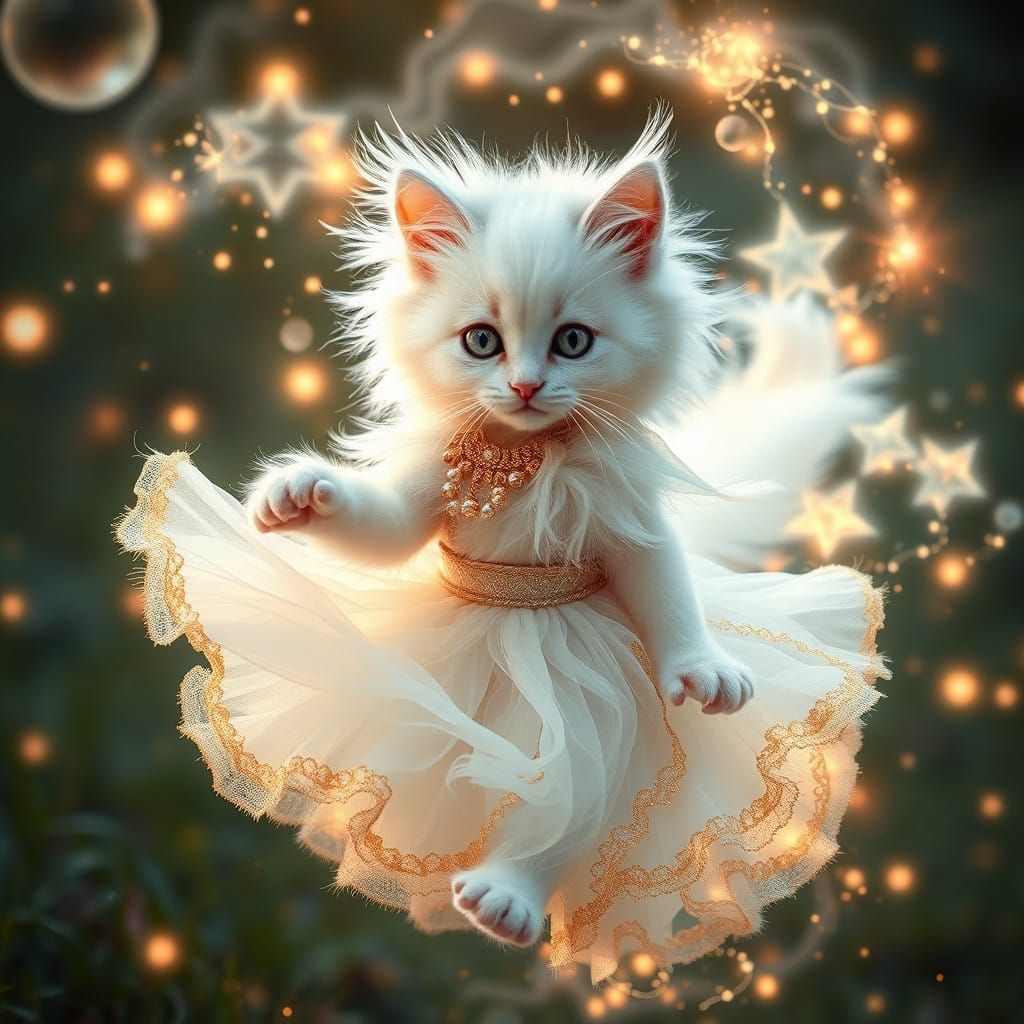 Whimsical White Gypsy Kitten in Quantum Plasma Field