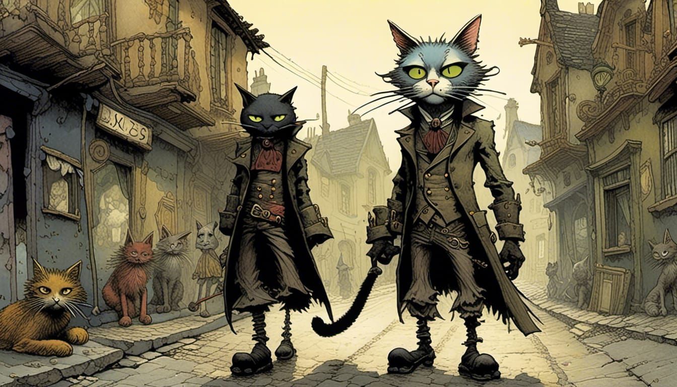Mercenary Cat Patrols Dystopian City Street