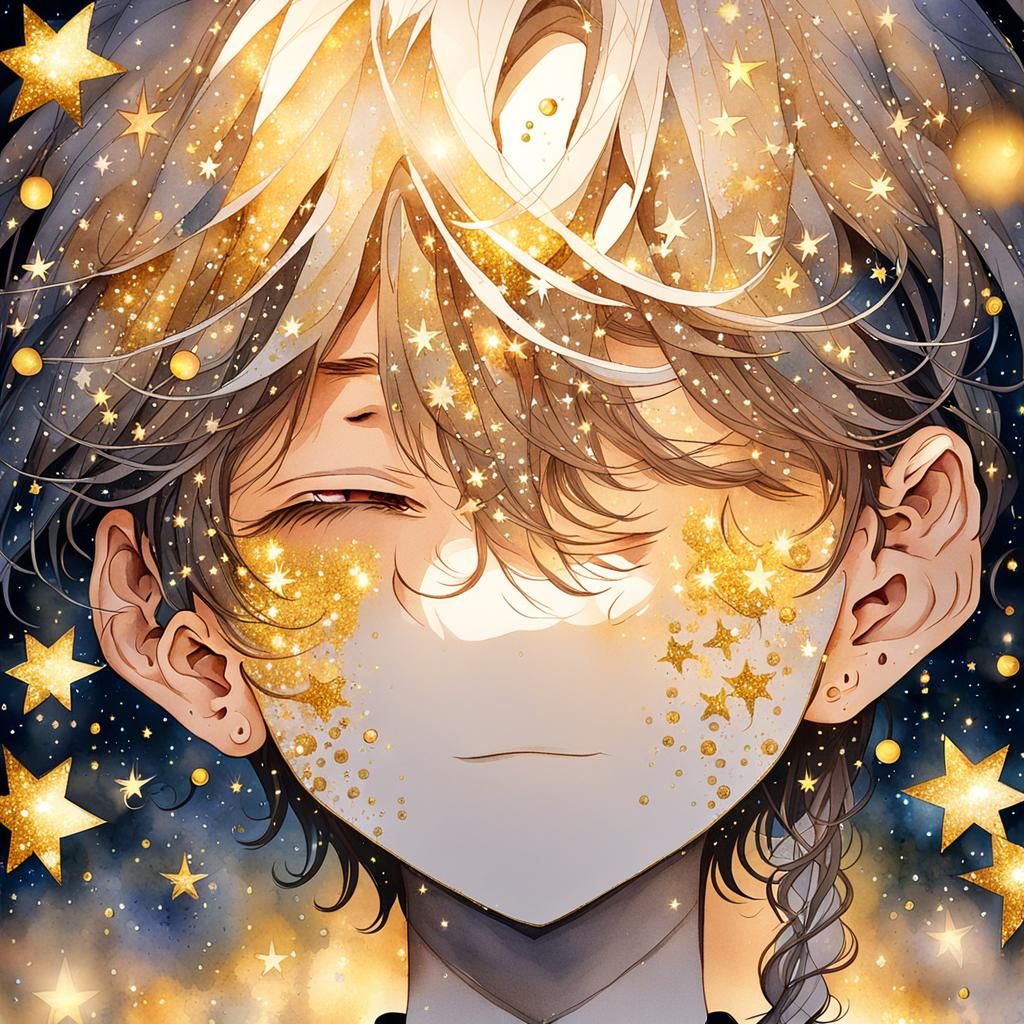 Anime Man Portrait with Glitter and Stars in Watercolor