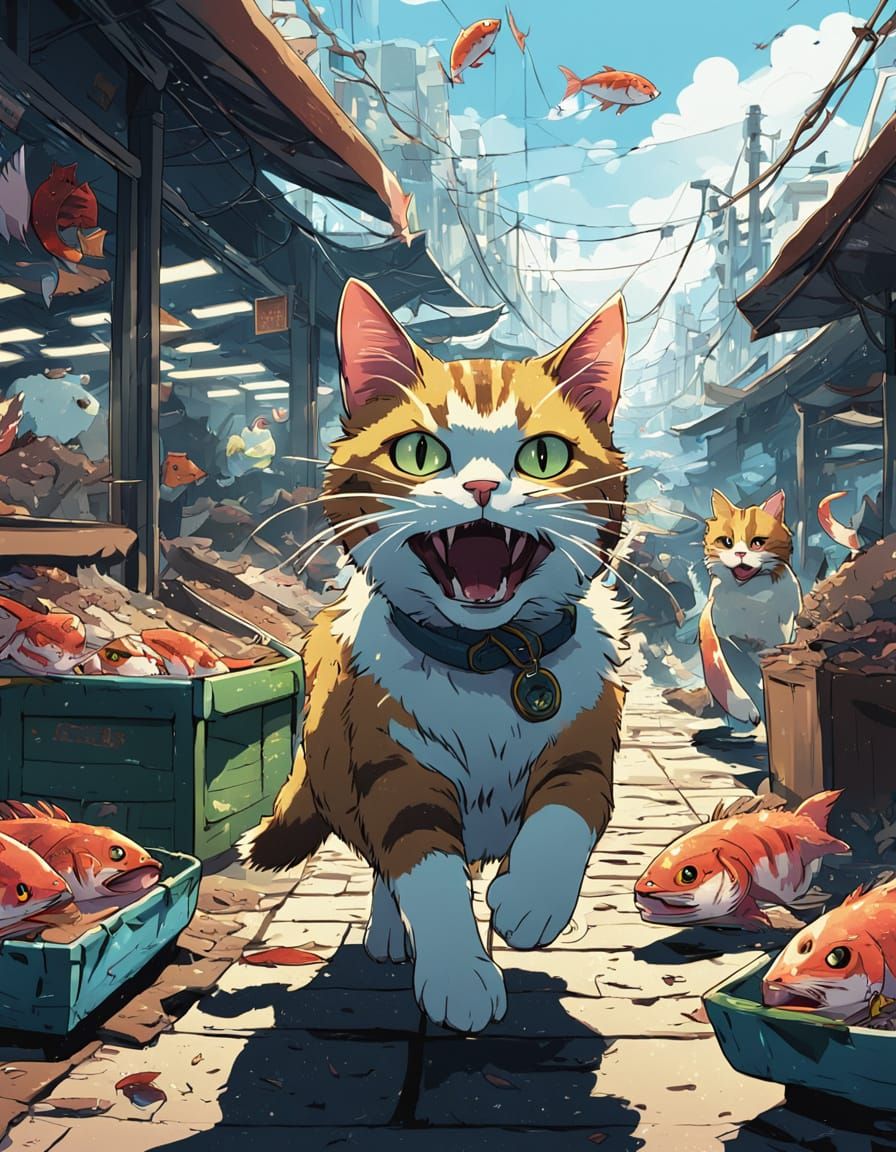 Cat Burglar Steals Fish in Anime Style