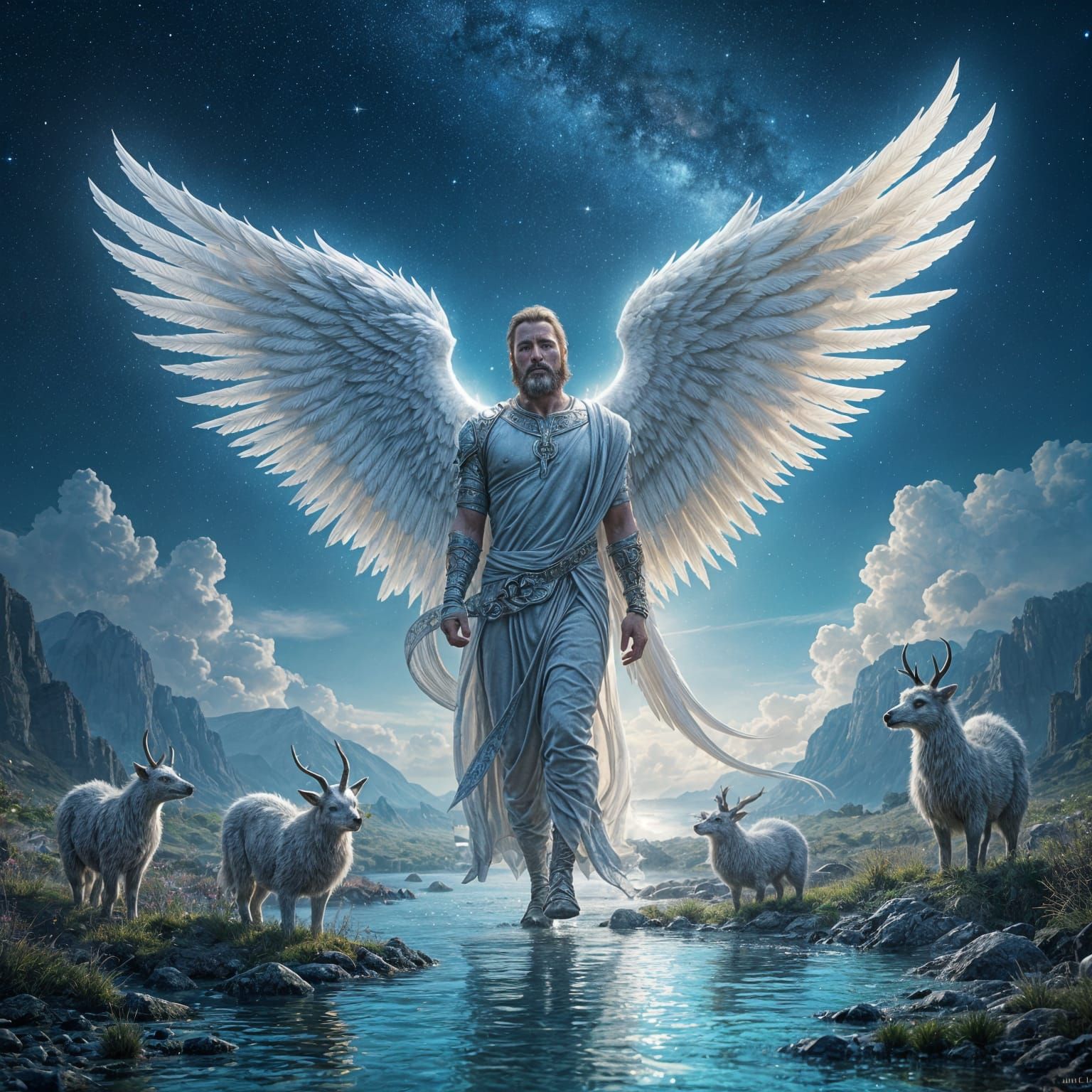 Manly Angel of Destiny in Bluish Starry Landscape