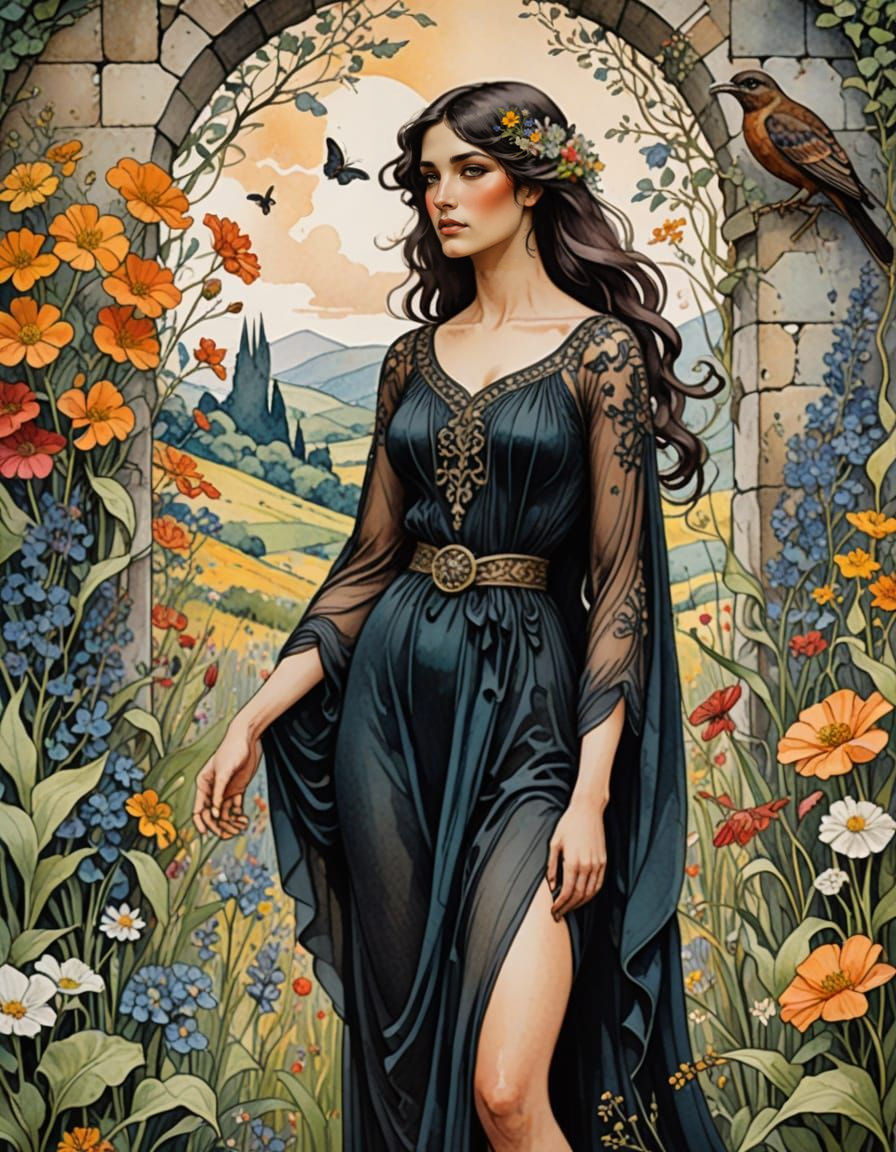 Exotic Garden Siren in Art Nouveau Style