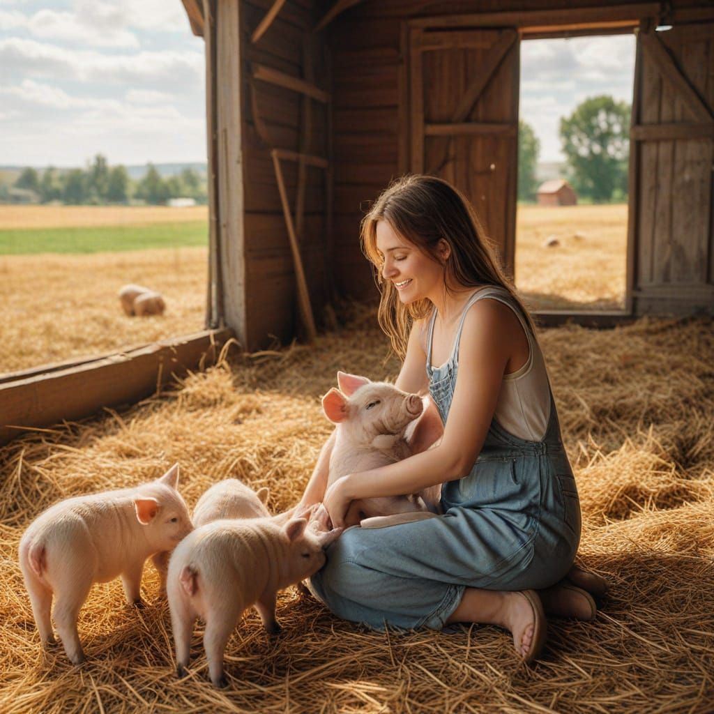 Idyllic Summer Scene: Woman with Piglets in Barn