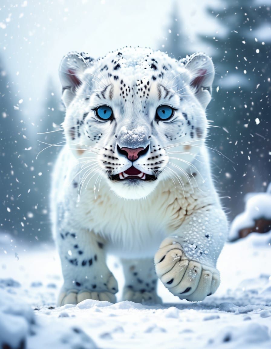 Adorable Snow Panther Cub in Fantasy Landscape