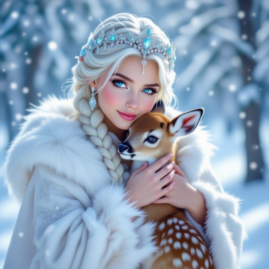 Snow Maiden Embraces Fawn in Enchanted Winter Forest