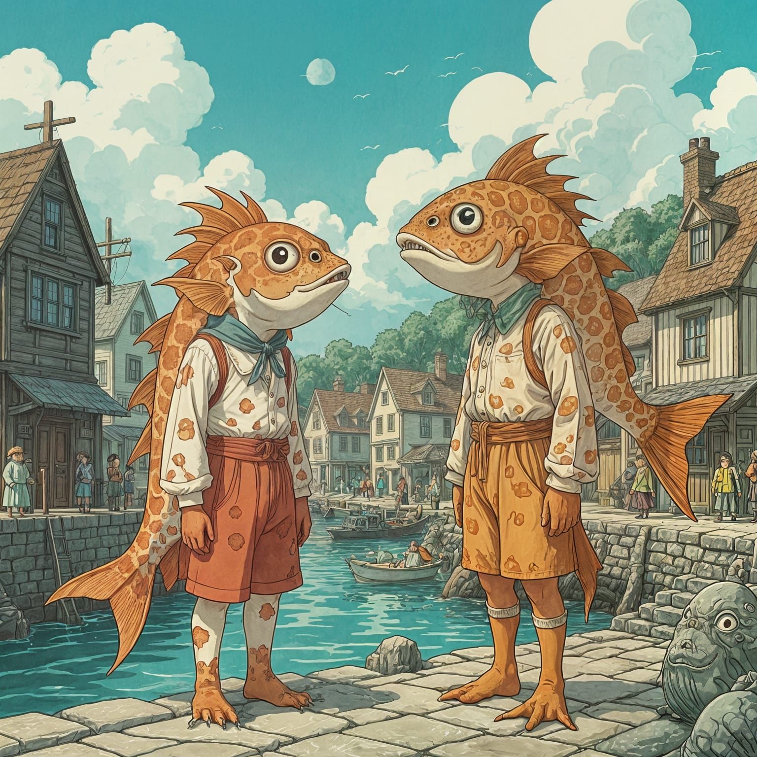Innsmouth Fish People in Ghibli Style