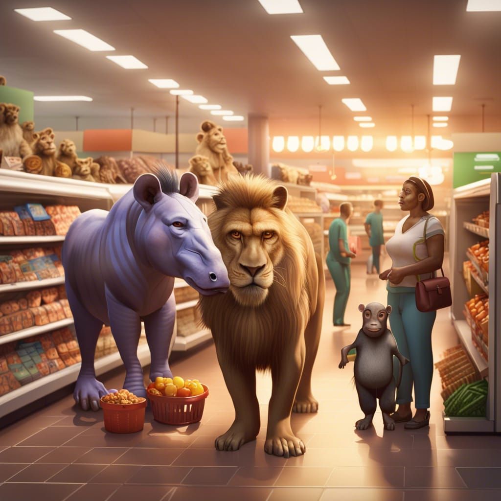 Animals Acting as Humans in Supermarket, Hyperdetailed Art