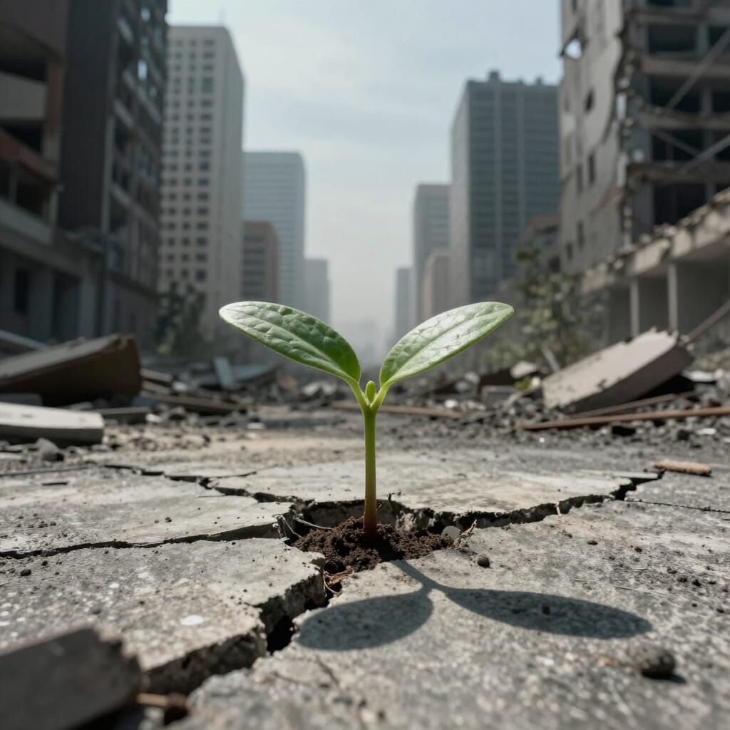 Vibrant Seedling Emerges From Concrete in Post-Apocalyptic C...