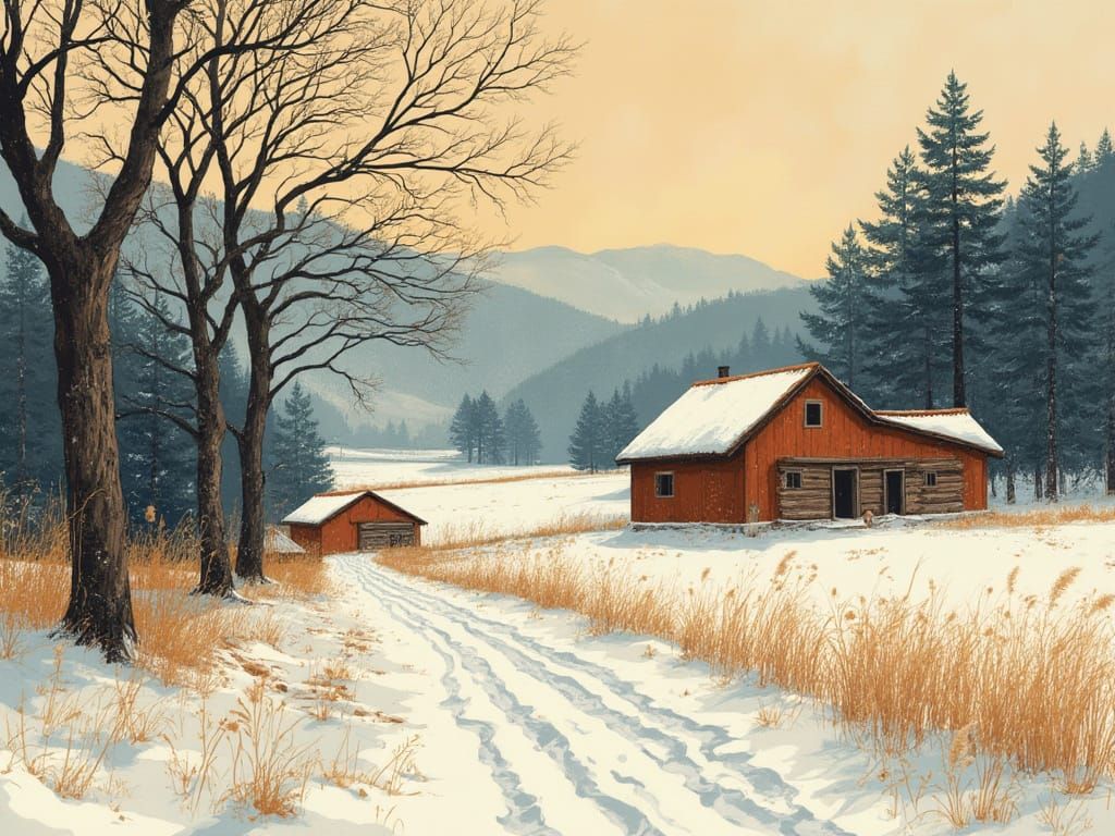 Earthy Winter Farmland Woodblock Print Concept Art