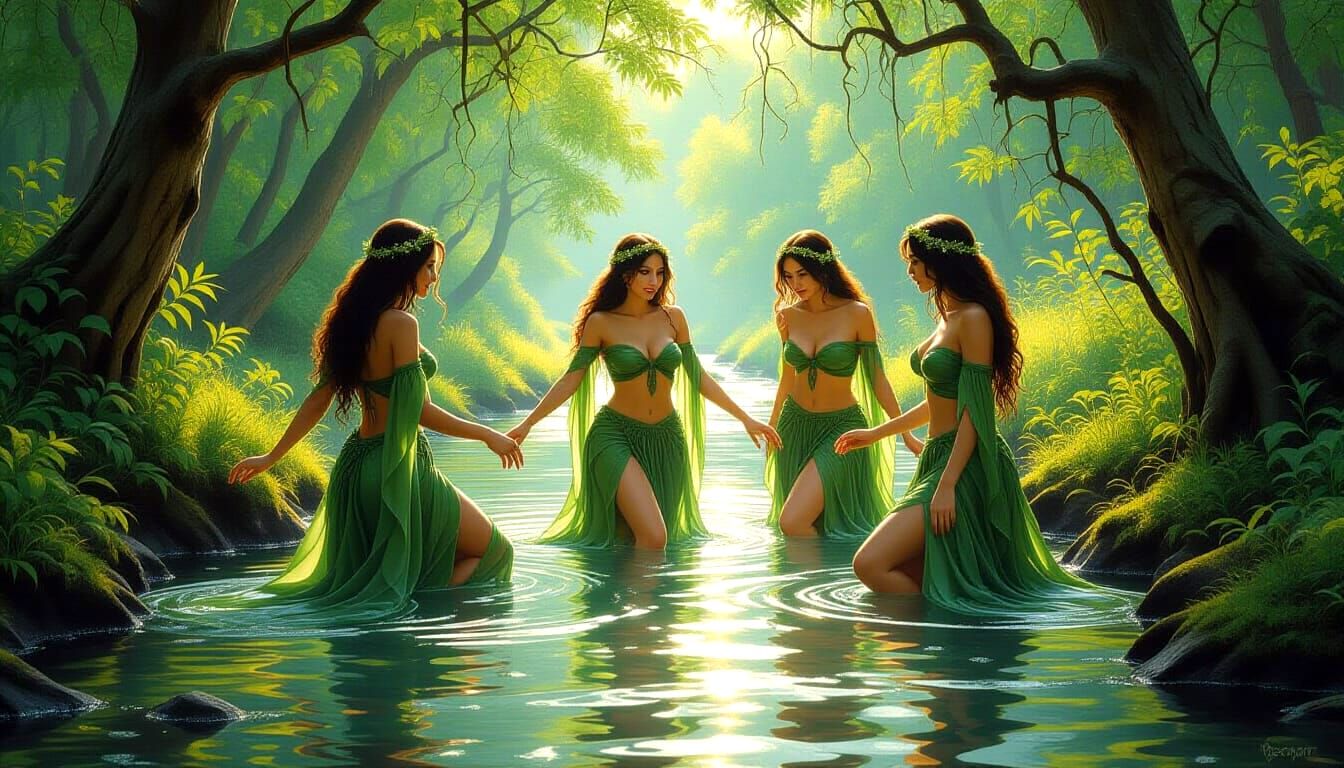 River Sirens Frolicking in Forest Stream: Oil Painting