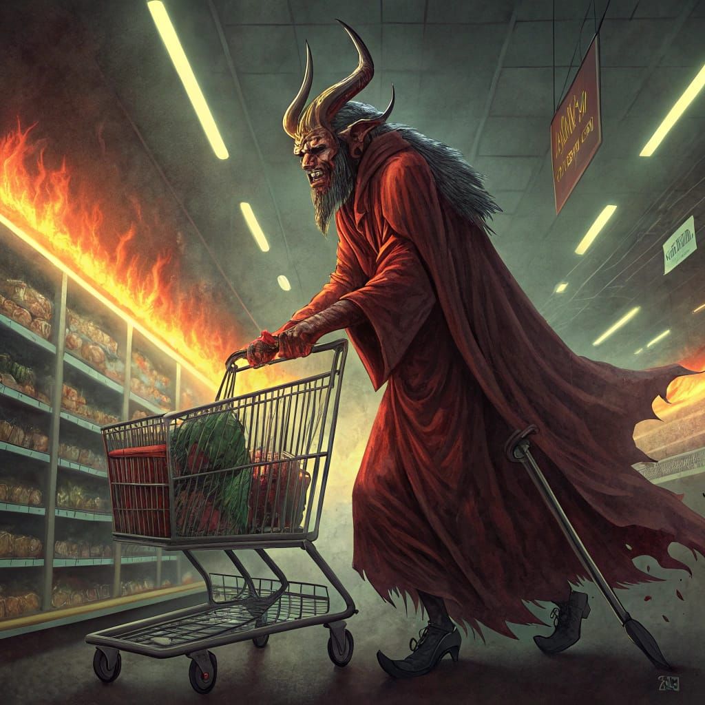 Surreal Demon Shopping Scene in Walmart Aisles