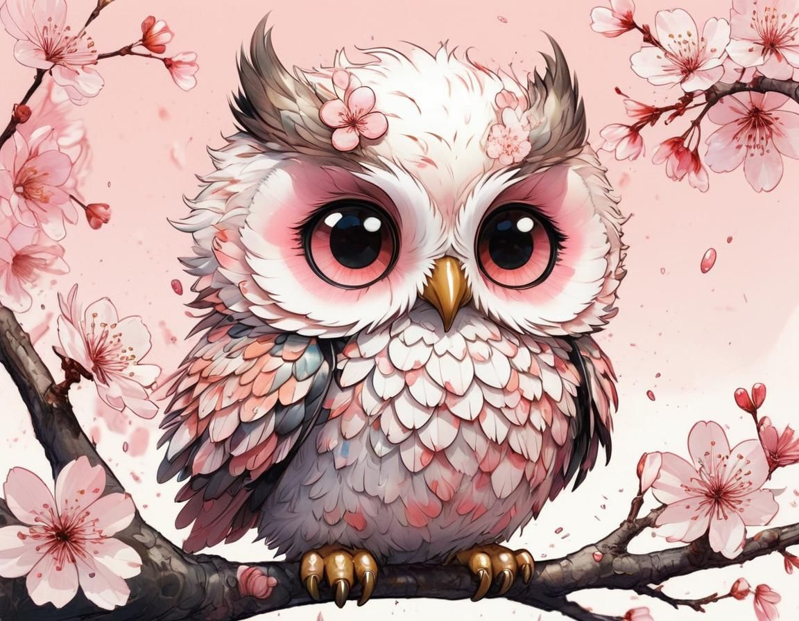 Chibi Cherry Blossom Owl in Watercolor Style