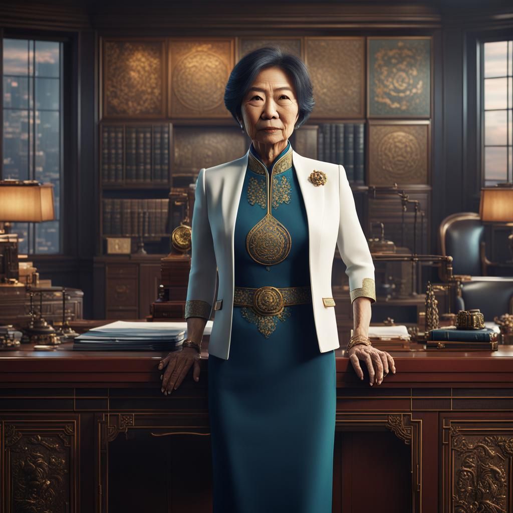 Imposing Asian Billionaire in Office: Detailed Matte Paintin...