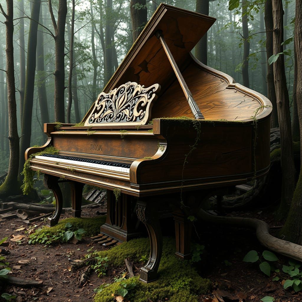Weathered Piano in Misty Forest, Hyper-Realistic 3D