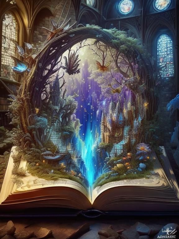 Dragon Reads in Library with Stained Glass