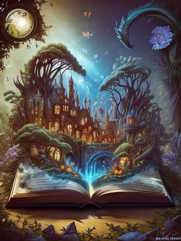 Dragon Reading in Library with Stained Glass Windows