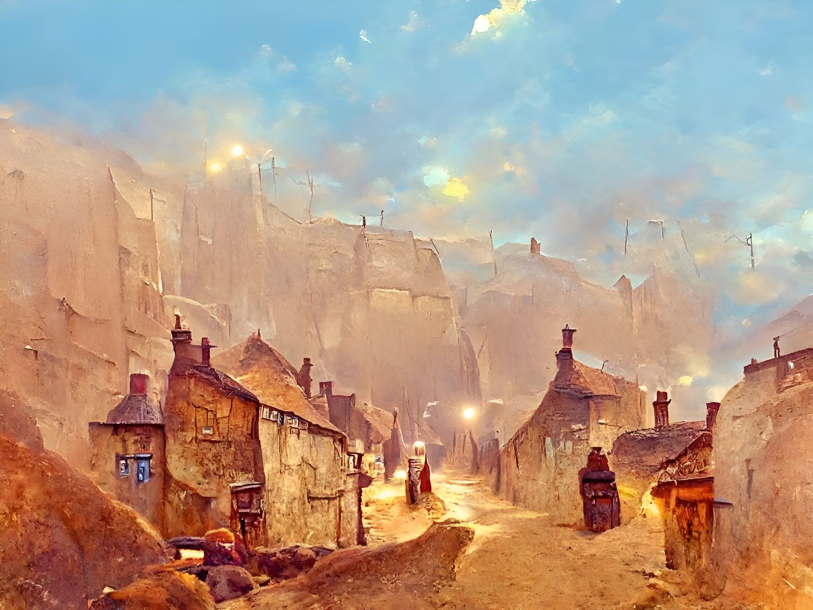 Yorkshire Medieval Street Scene as Watercolour Illustration