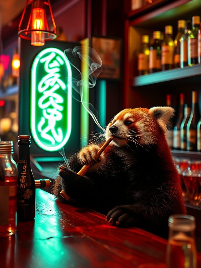 New York Bar Scene with a Red Panda Smoking a Pipe