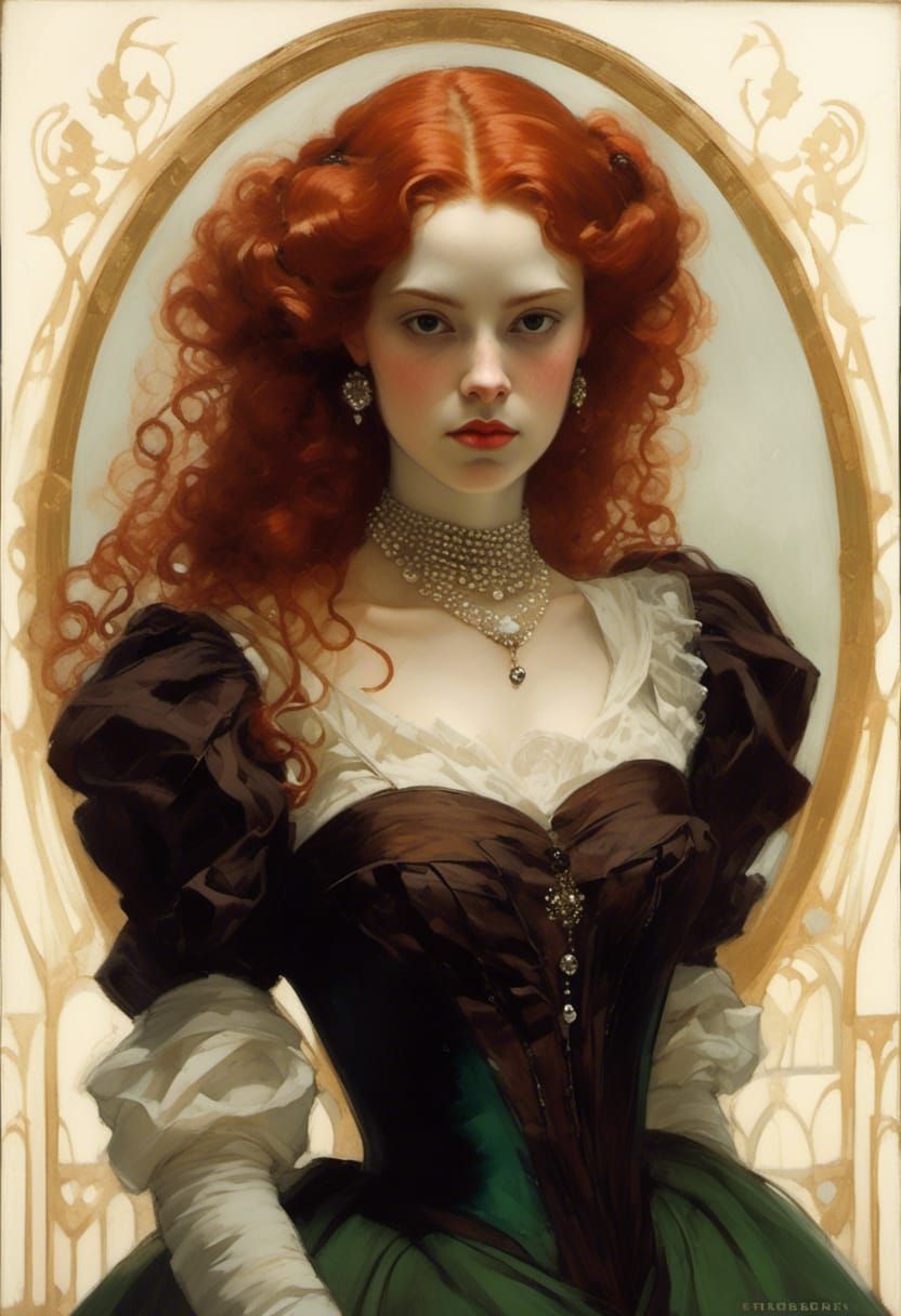 Pale Vampiress Elena in Pre-Raphaelite Style Gown