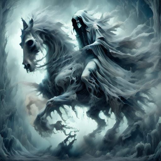 Steampunk Death Riding a Horse through a Dark Forest