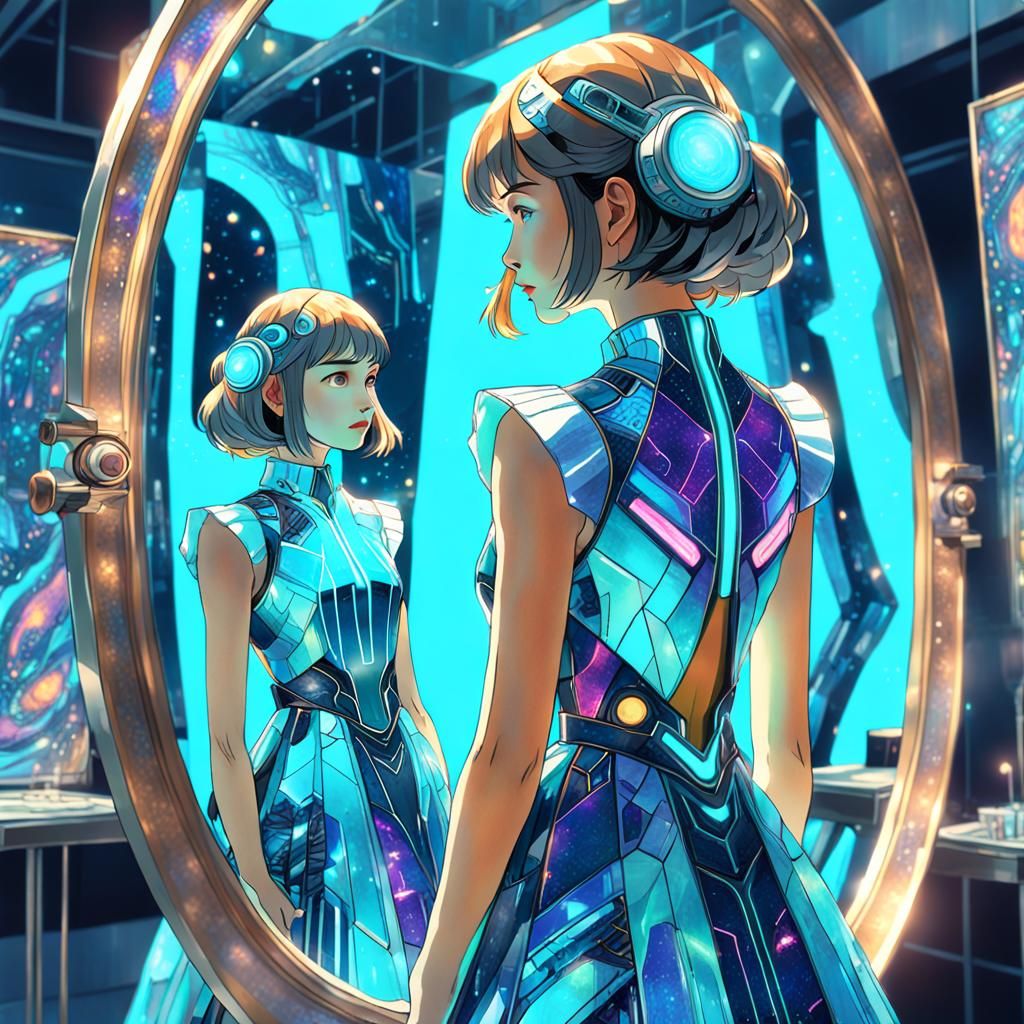 A woman of 2050 , watching herself in a beautiful futuristic...