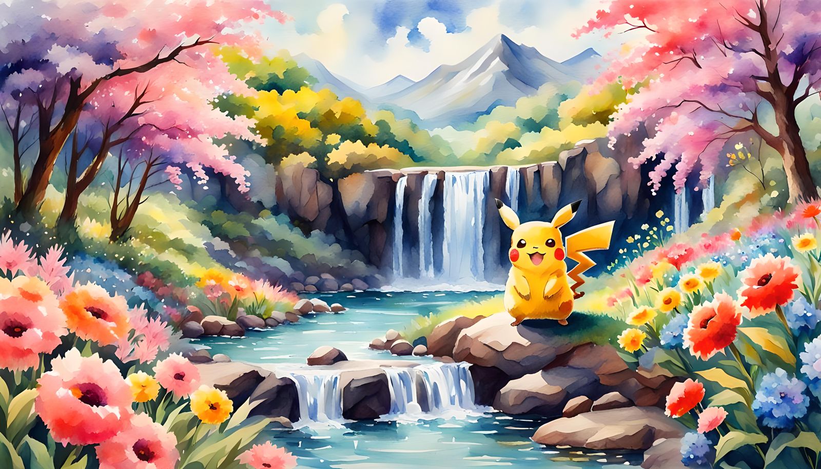Cute Pikachu in Spring Landscape Gouache Painting